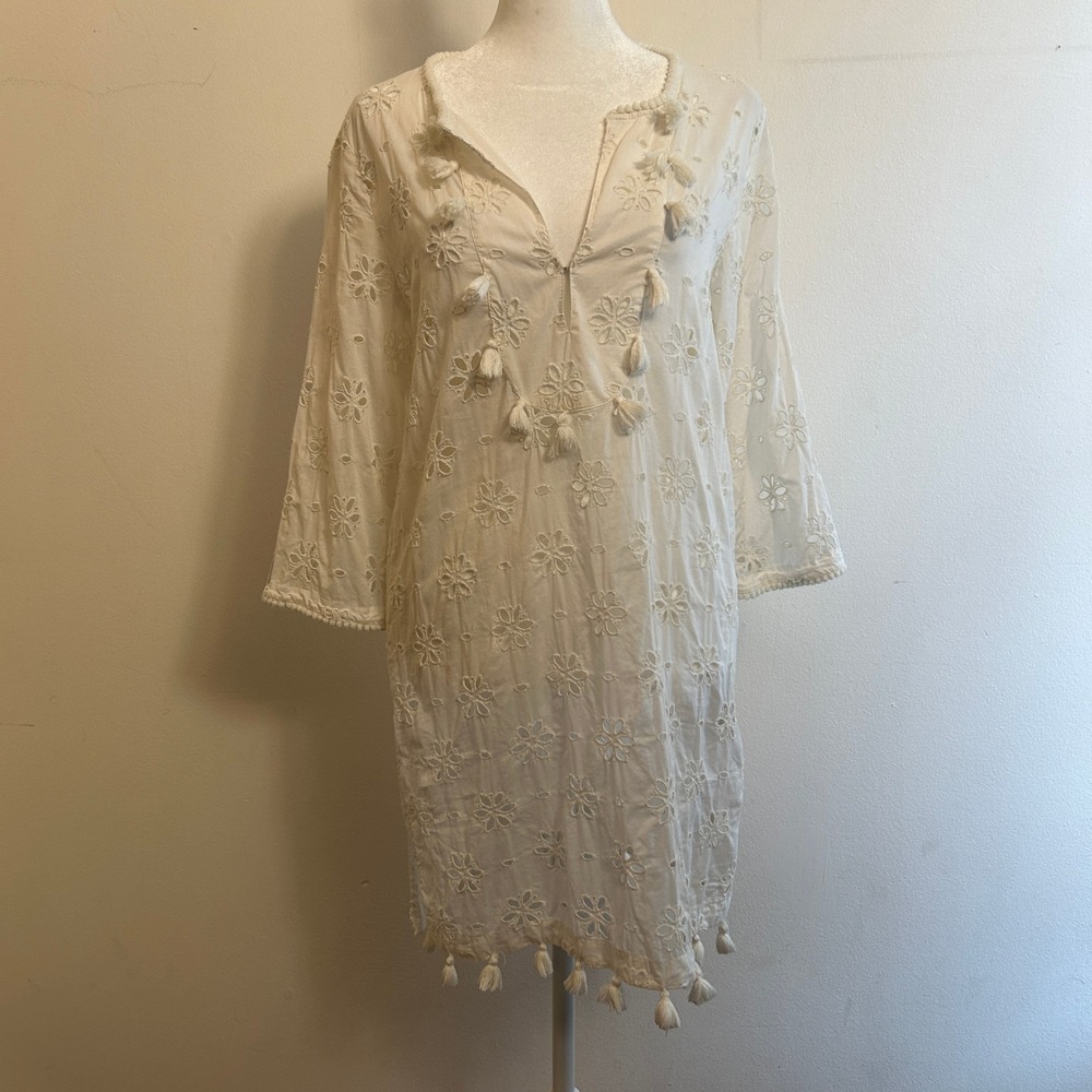 J.Crew Relaxed White Eyelet‎ Cotton Tassel Tunic Dress XXS Boho Beach Summer